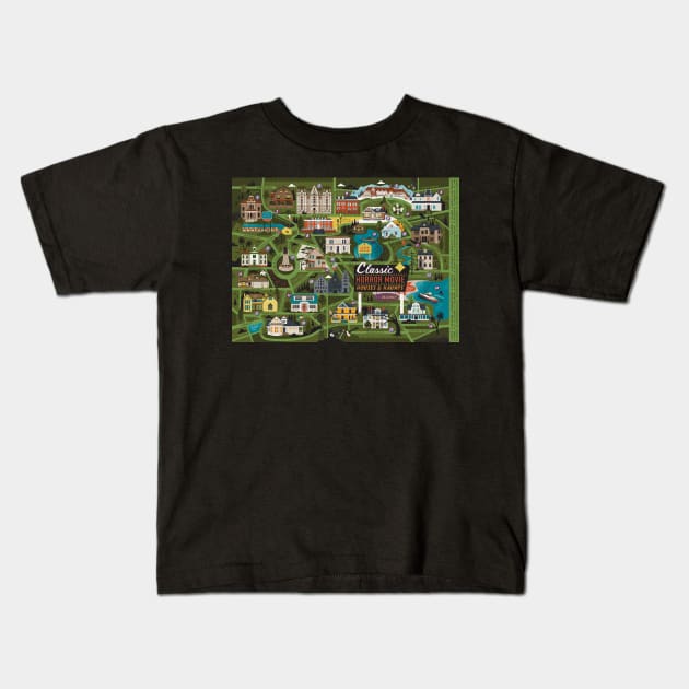 Classic Horror Movie Map Kids T-Shirt by Lucie Rice Illustration and Design, LLC